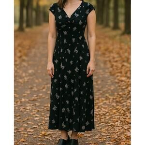 Vintage 90s Black Grunge Floral Maxi Dress Womens 6 Whimsigoth Romantic Cottage